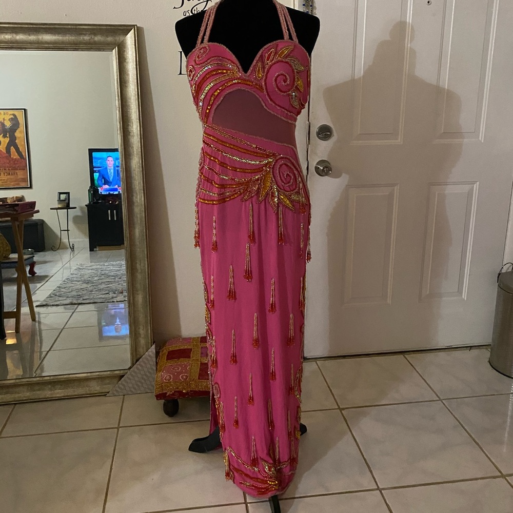 Pink beaded gala prom dress belly dance costume